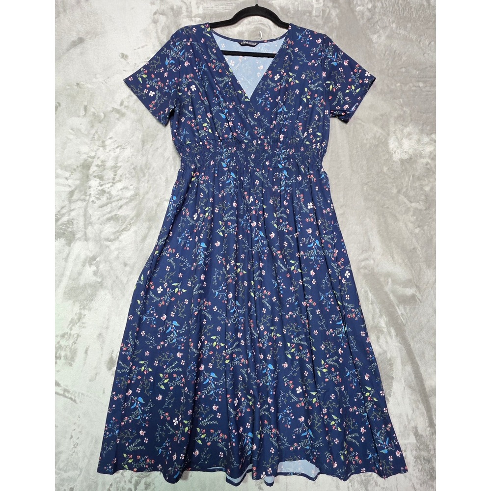 SHEIN Navy Blue Floral Smocked Waist V-Neck Midi Dress Womens Size M US 6